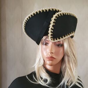 Vintage B Michael Indigo Blue Constructed Hat Gold Cording Pearls Wedding Events